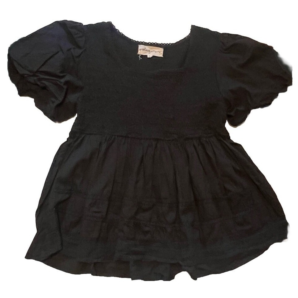 Wishing Waves Women's Blouse Size L Cotton Black  Boho Puff Sleeve Short Smocked